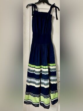 Tory Burch Navy Maxi Dress with Lime and White Striped Tiers